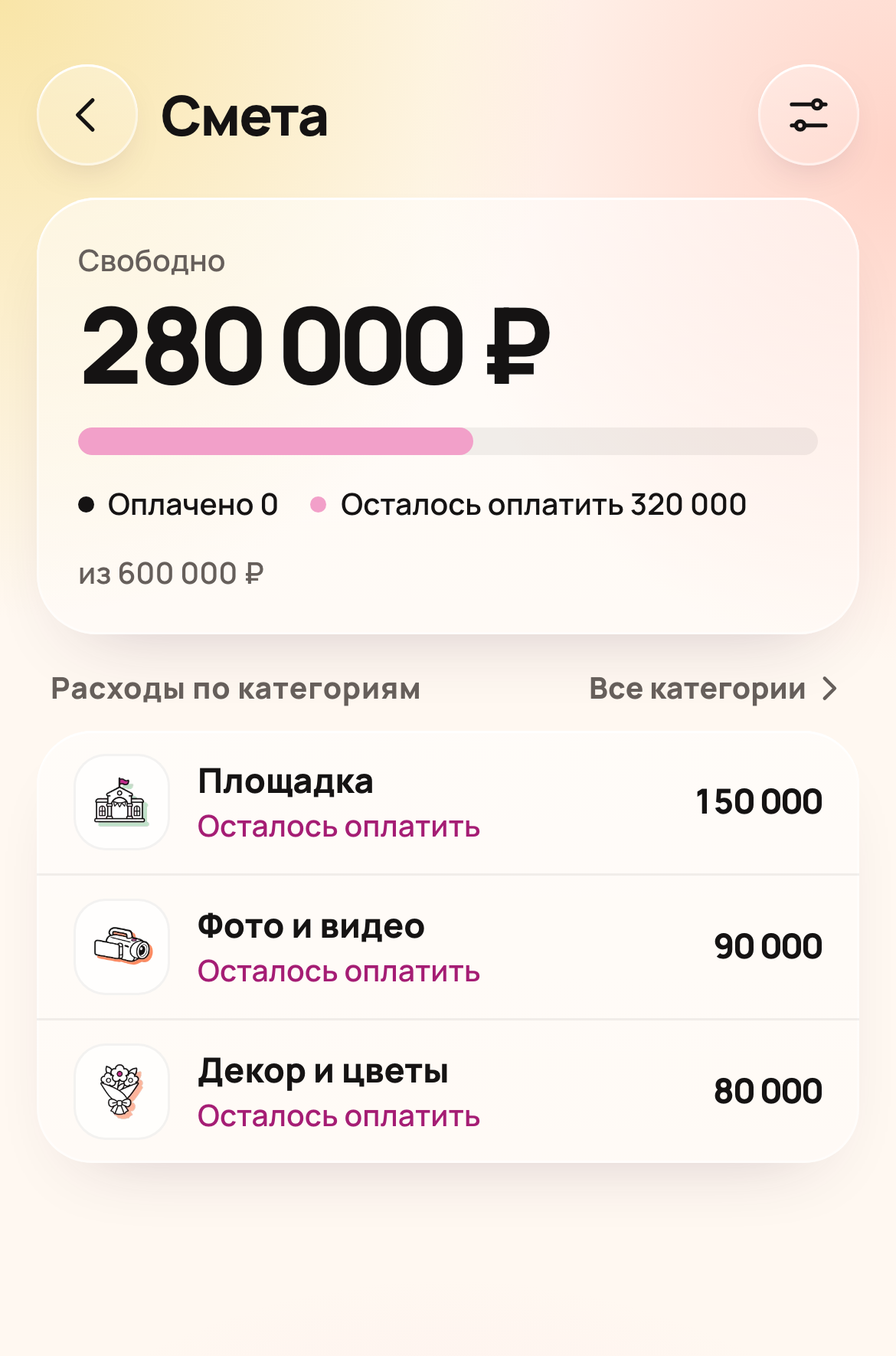 Смета — настоящий интерфейс LOVE FOREVER с демонстрационным наполнением