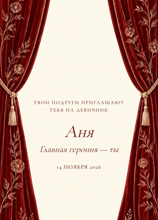 Обложка «Премьеры»: бордовые бархатные кулисы с вышитыми цветами, между ними на кремовой сцене имя невесты