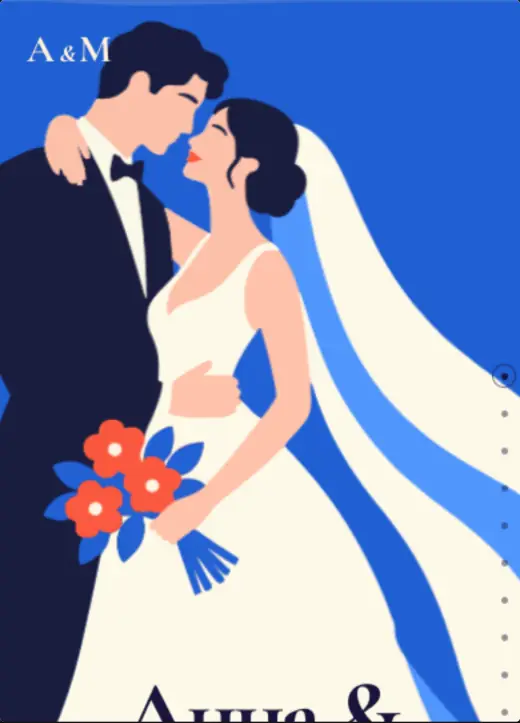 Обложка «Ярче вместе»: рисованные жених в тёмном костюме и невеста с коралловым букетом на ярко-синем фоне