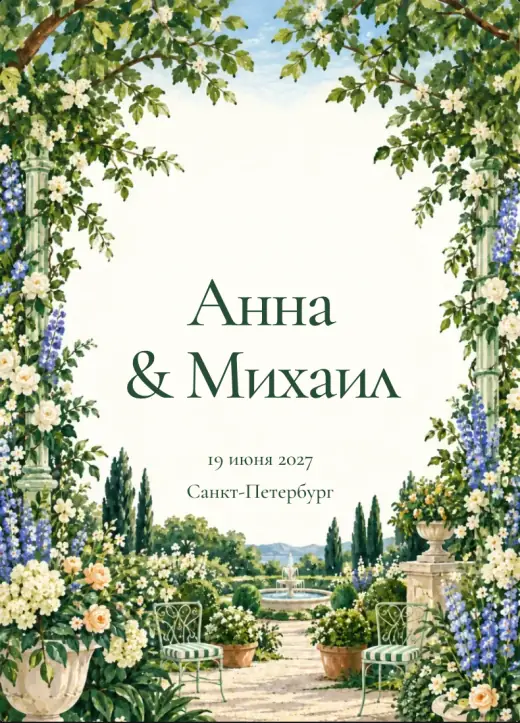 Обложка «Письмо из сада»: акварельная арка из белых роз и синих дельфиниумов, в центре имена пары, вдали фонтан